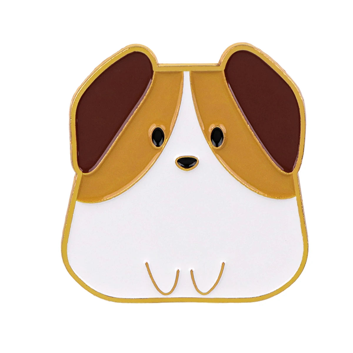 Enamel dog pin with white face, brown ears, and small closed-mouth smile