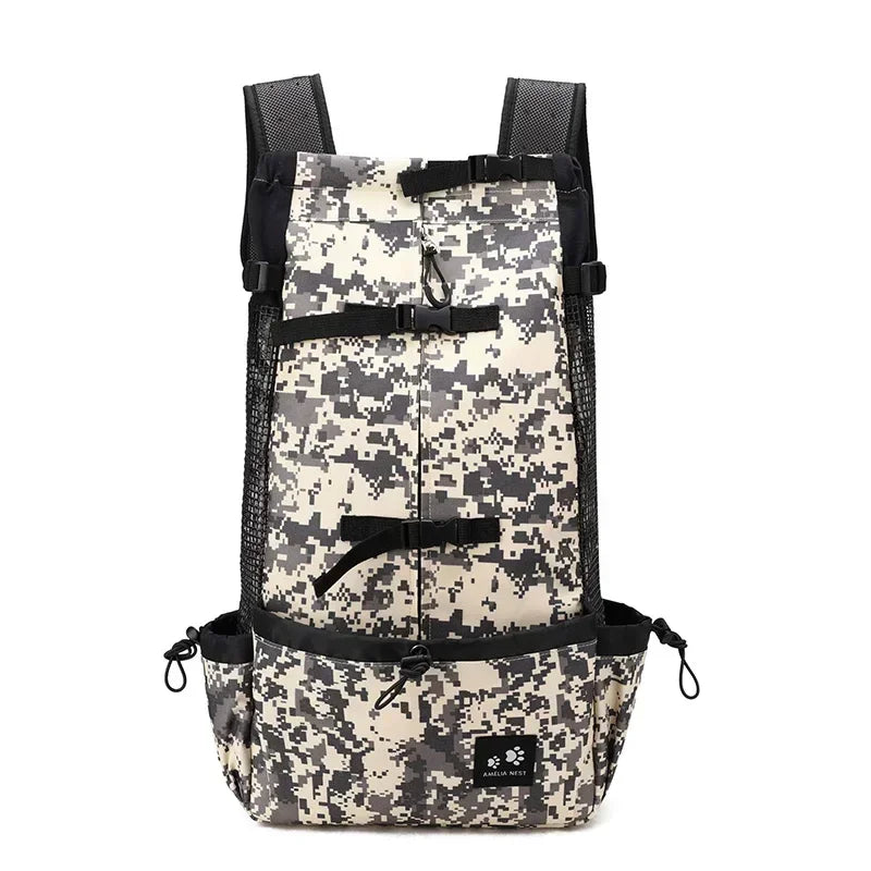Large dog travel carrier backpack, camo front with mesh panels and black straps
