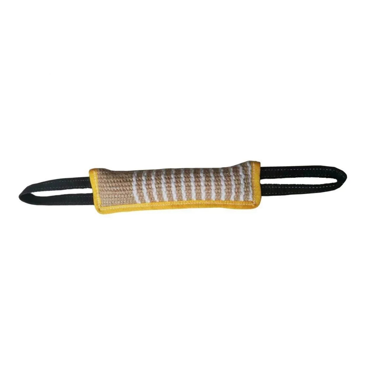 Dog tug bite training toy with striped fabric center and yellow edging, black carry straps