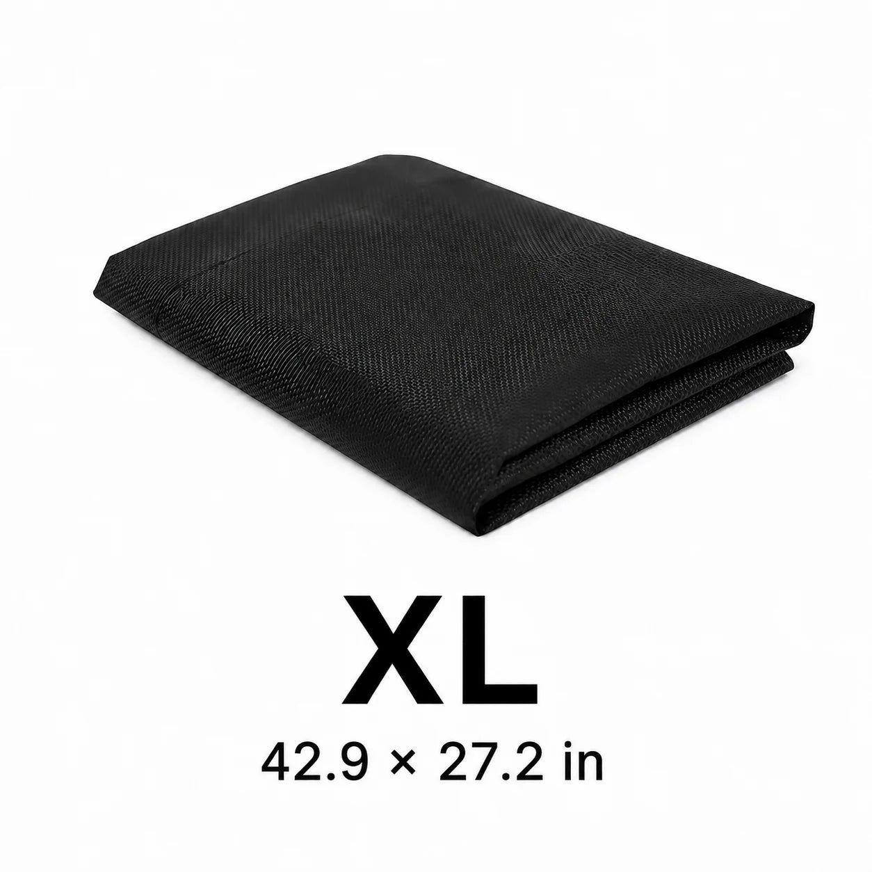 Folded black breathable mesh pet pad labeled XL, flat non-raised sleeping surface