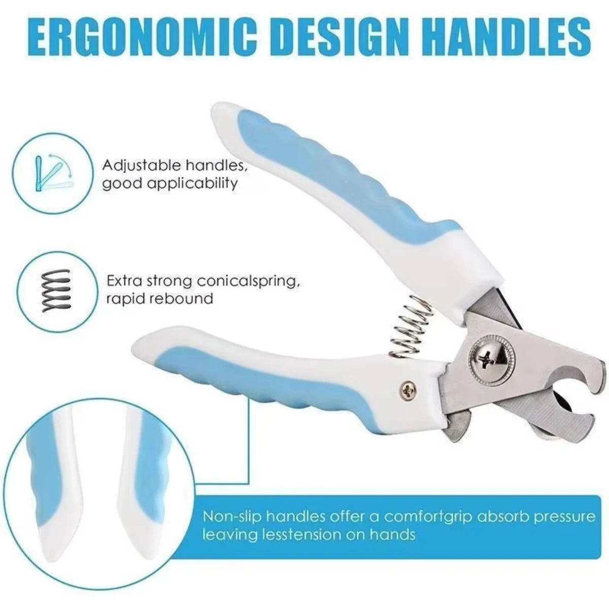 Pet nail clippers with ergonomic blue non-slip handles and spring mechanism