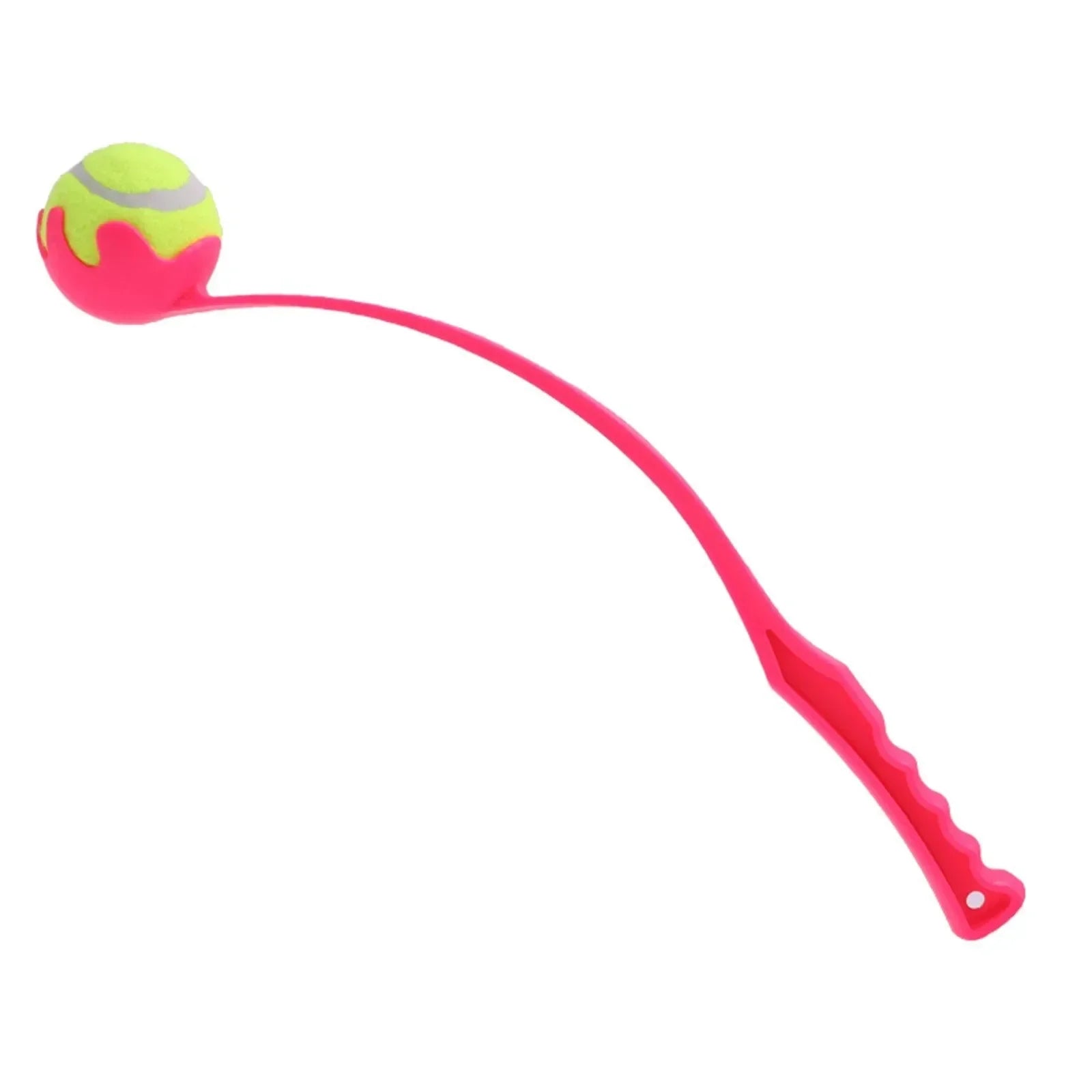Dog tennis ball launcher fetch set with pink-and-green ball and red curved handle