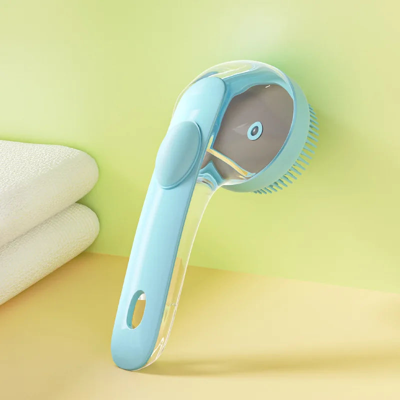 Blue 2-in-1 pet grooming brush with massage nubs and curved scrubbing head
