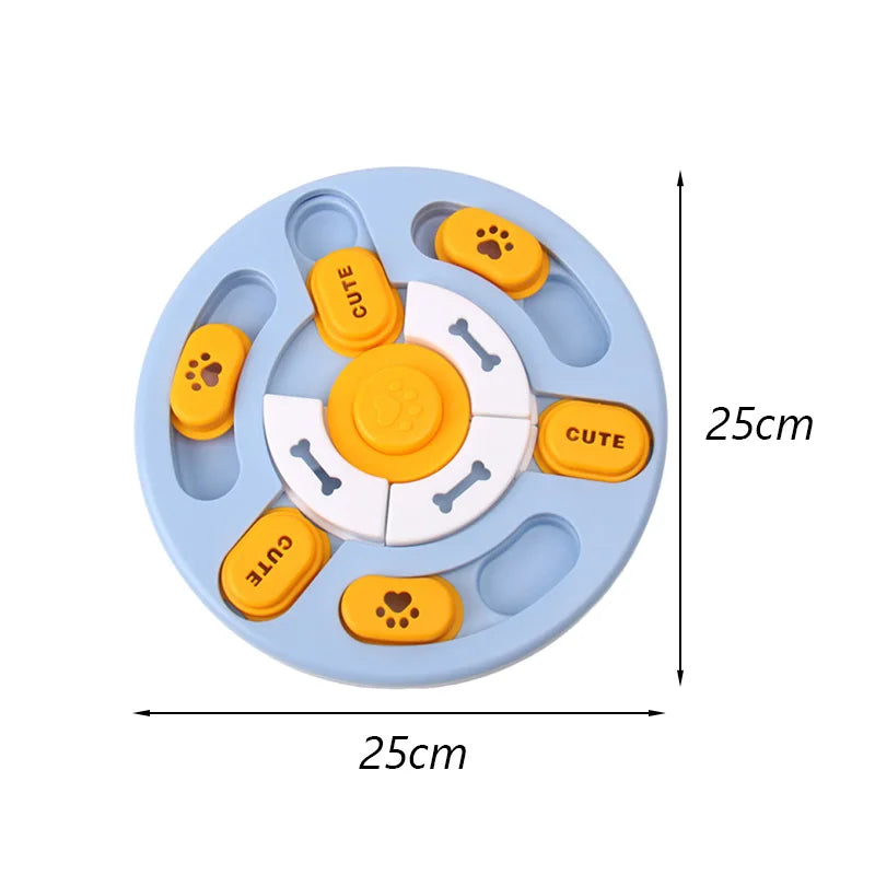 Light blue circular cat scratching toy with orange paw and bone-shaped tokens