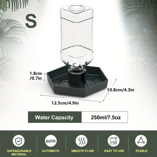 Automatic reptile water feeder with clear bottle top and dark green base