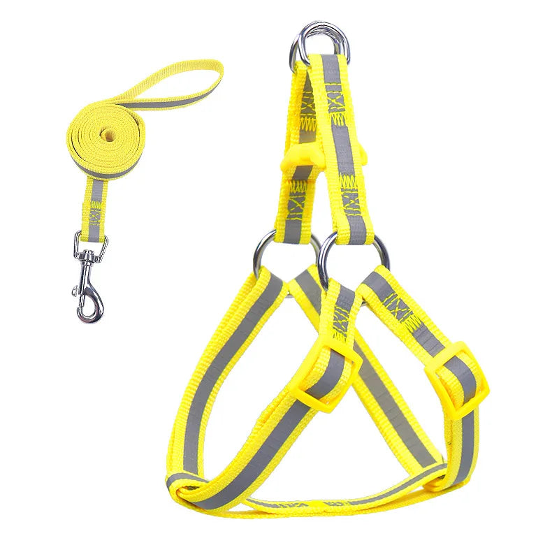 Reflective yellow dog harness vest with leash clip and D-ring, small-dog size