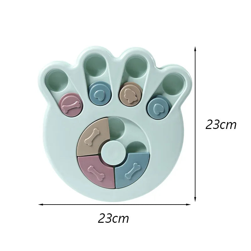Mint green round cat scratching toy with pastel paw and bone tokens in ring