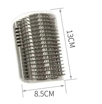 Gray cat corner wall scratcher with curved rows of spiked bristles and base