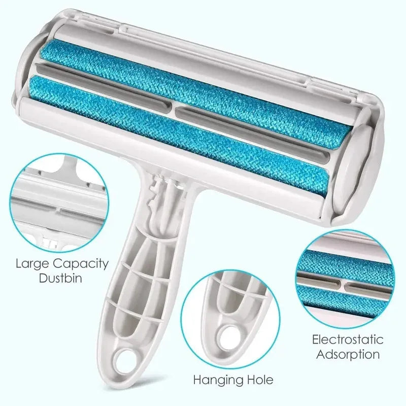 Pet hair remover roller with turquoise bristle drum and self-cleaning chamber