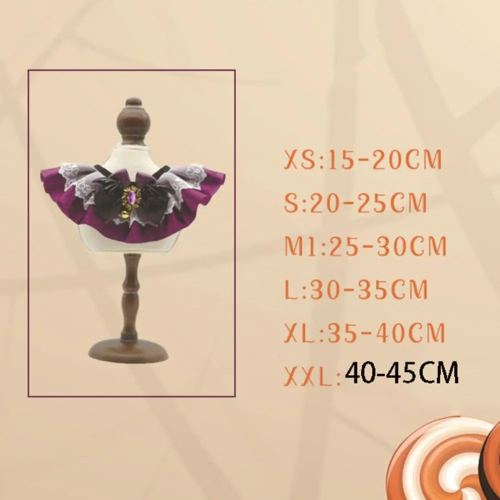 Purple Halloween pet lace collar bib scarf on mannequin stand with black bow and lace trim