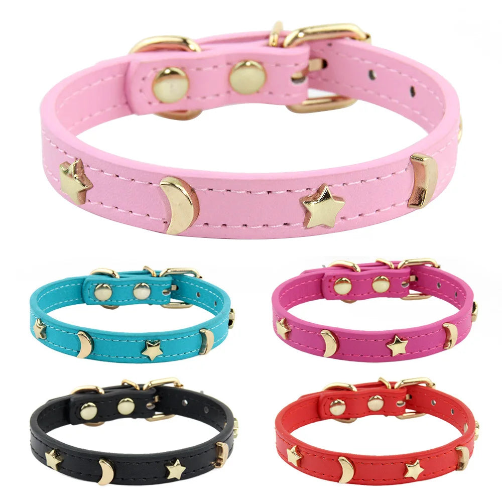 Soft Leather Cat Collar Star Moon Rivets Kitten Puppy XS-M
