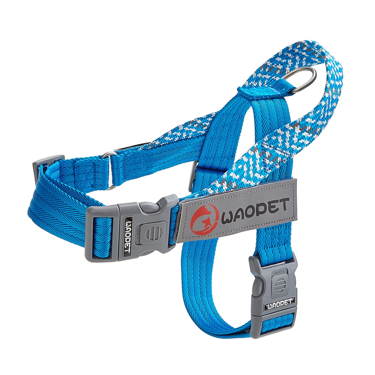 Blue dog chest harness with WAOPET logo, patterned trim and gray buckles