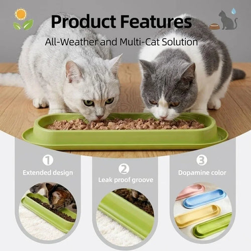 15-degree slanted pet feeder bowl in green, shown with cats eating from the tray