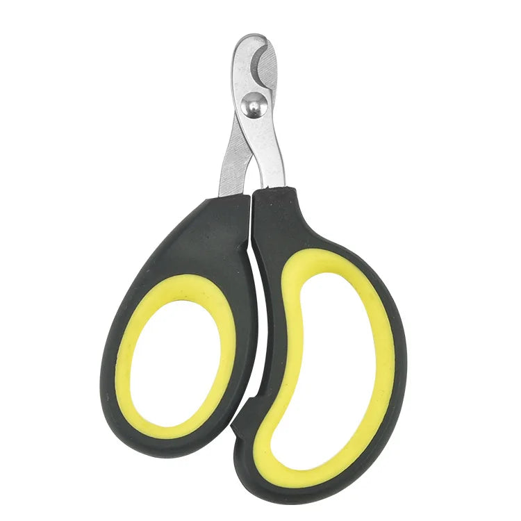 Pet nail clippers with safety guard, black and yellow loop handles with silver blades