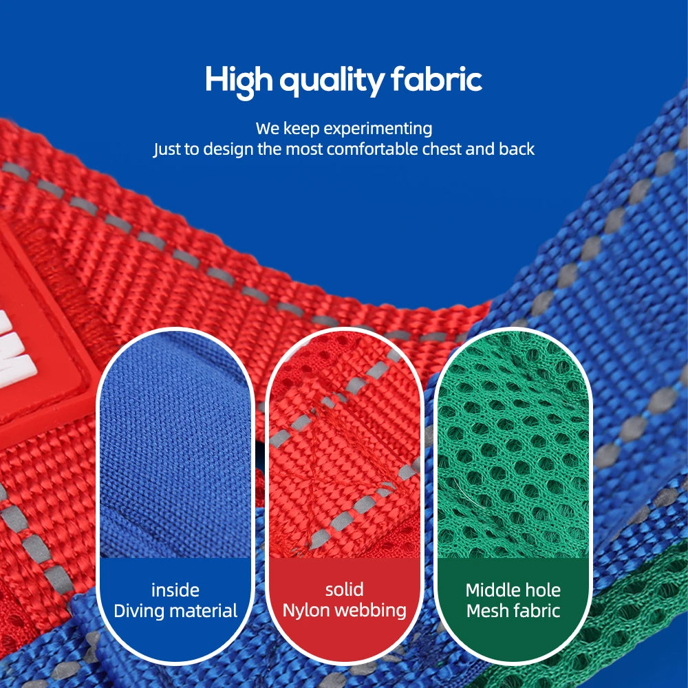Saddle-type dog chest harness fabric detail in red, blue, and green mesh