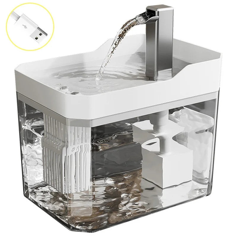 White smart cat water dispenser with clear base tank and vertical spout