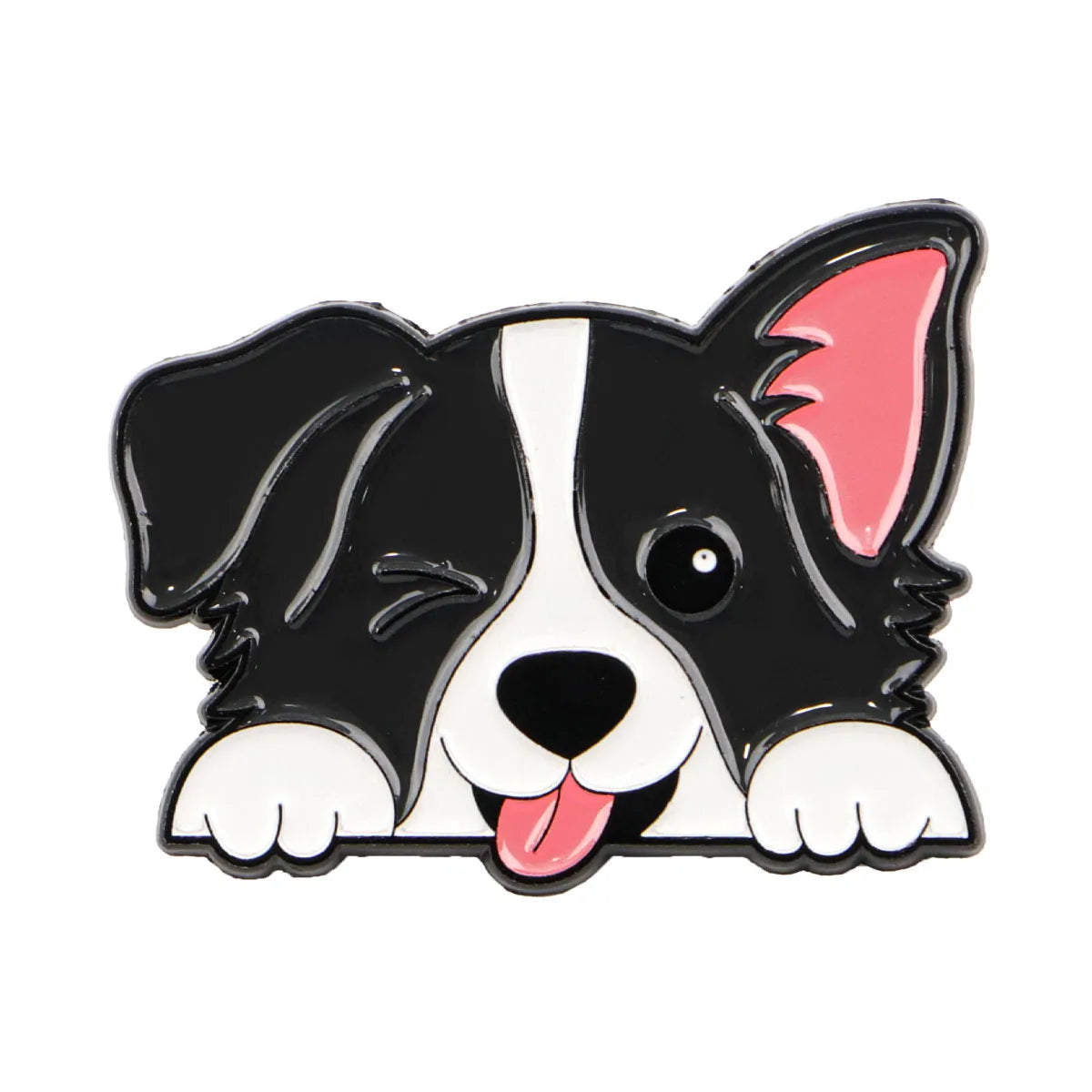 Black-and-white dog enamel lapel pin with pink tongue and paw-print charm
