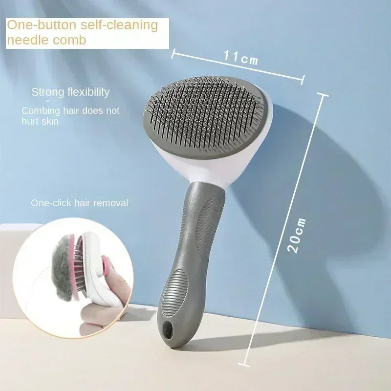Gray needle comb pet brush with self-cleaning circular head and handle