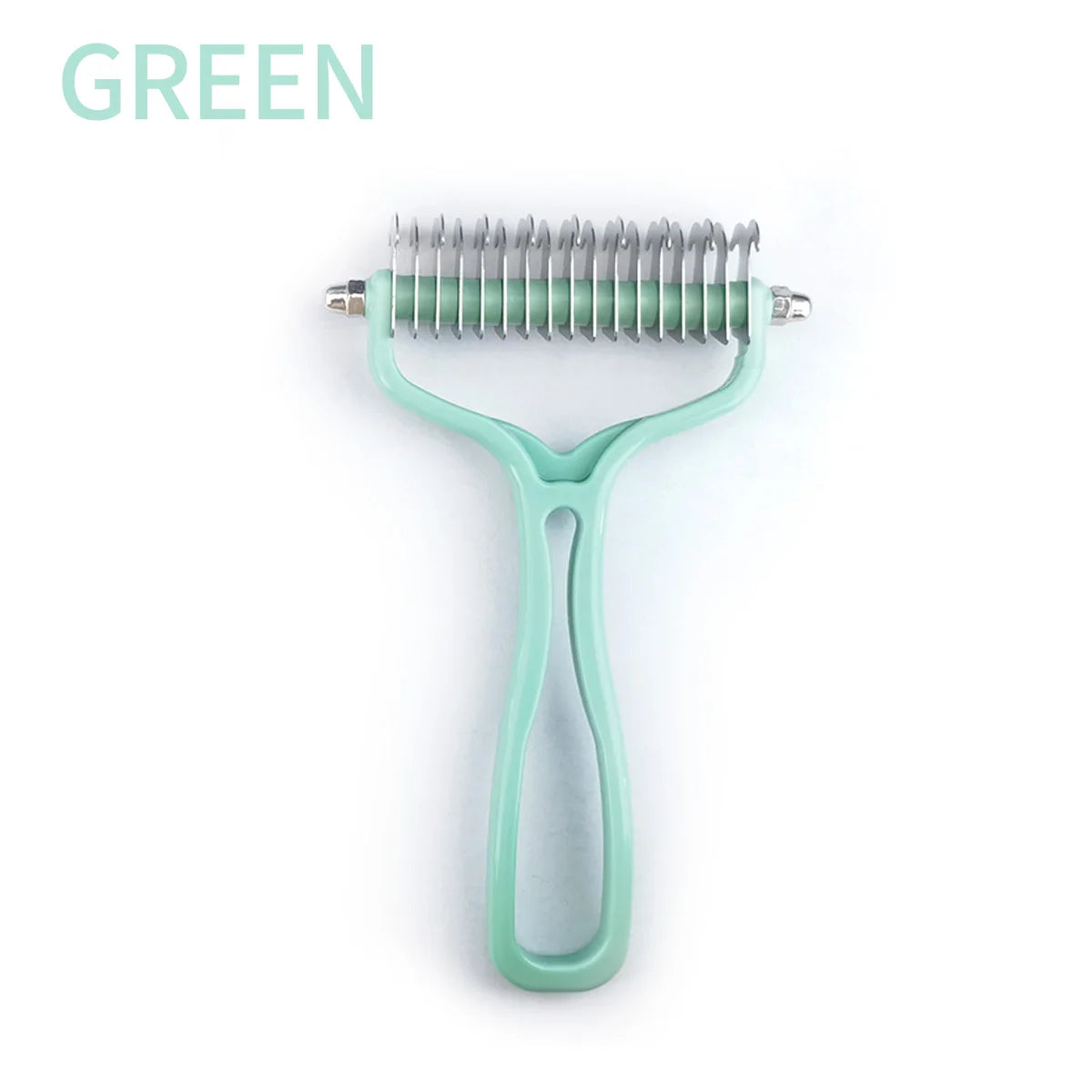 Cat fur knot cutter comb with stainless steel teeth, green double-sided handle