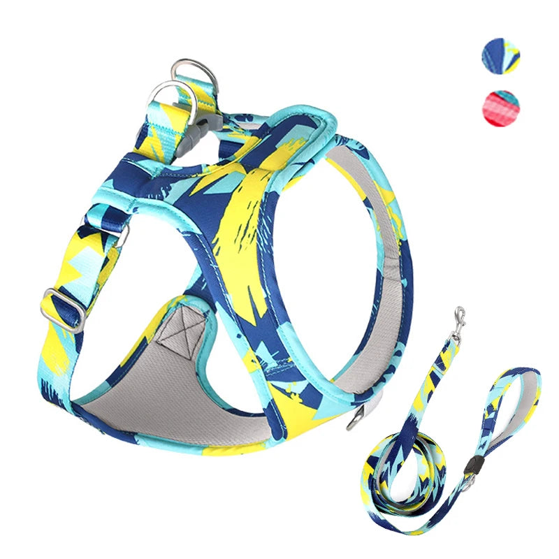 Mesh adjustable dog harness vest with 1.5m leash, blue and yellow graphic print