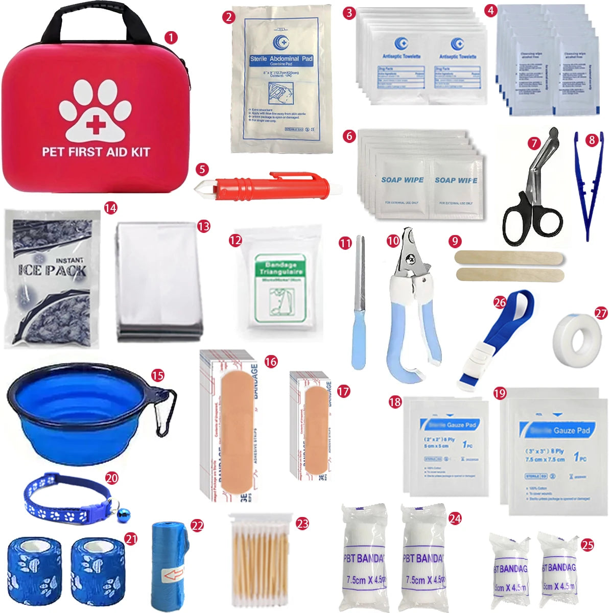 Pet first aid kit contents on white: first aid case, pads, scissors, tape