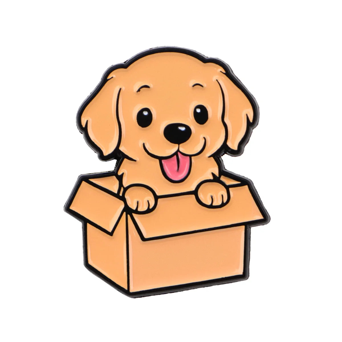 Enamel lapel pin with golden puppy peeking from an open orange box