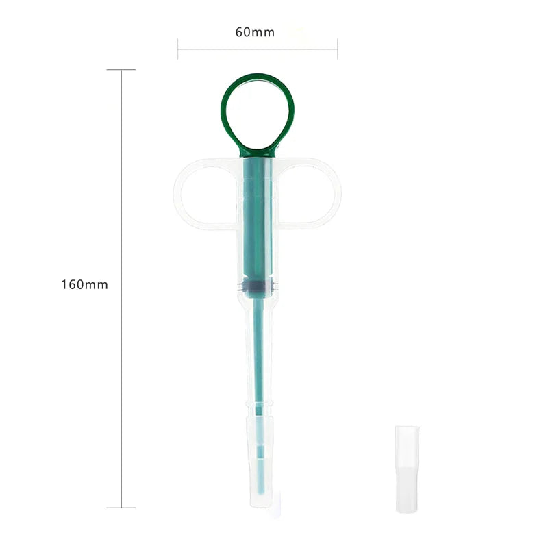 Pet medication feeder stick with green ring; dimension diagram and refill tube included