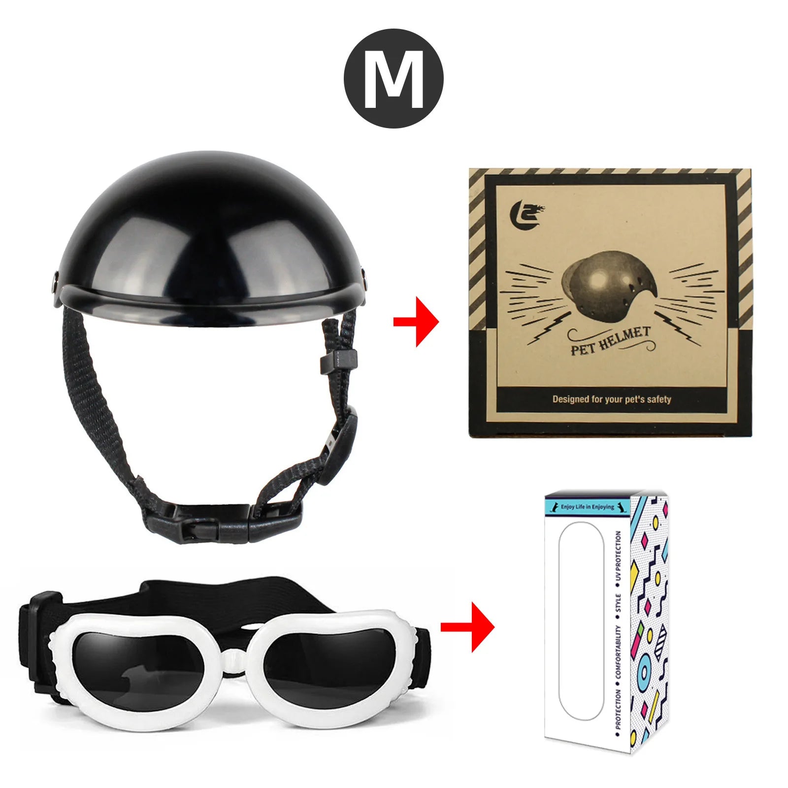 Medium pet motorcycle helmet goggles set, black helmet with white sunglasses