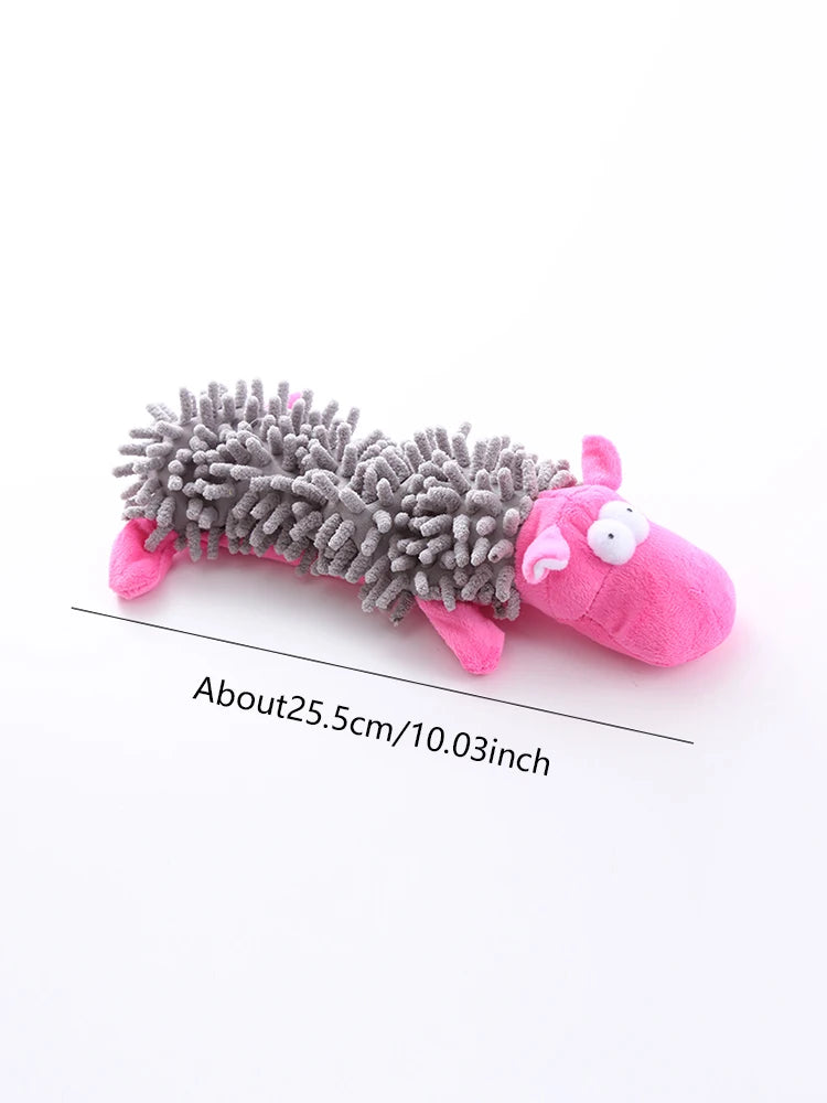 Gray plush mop dog toy with pink animal face and textured fuzzy body