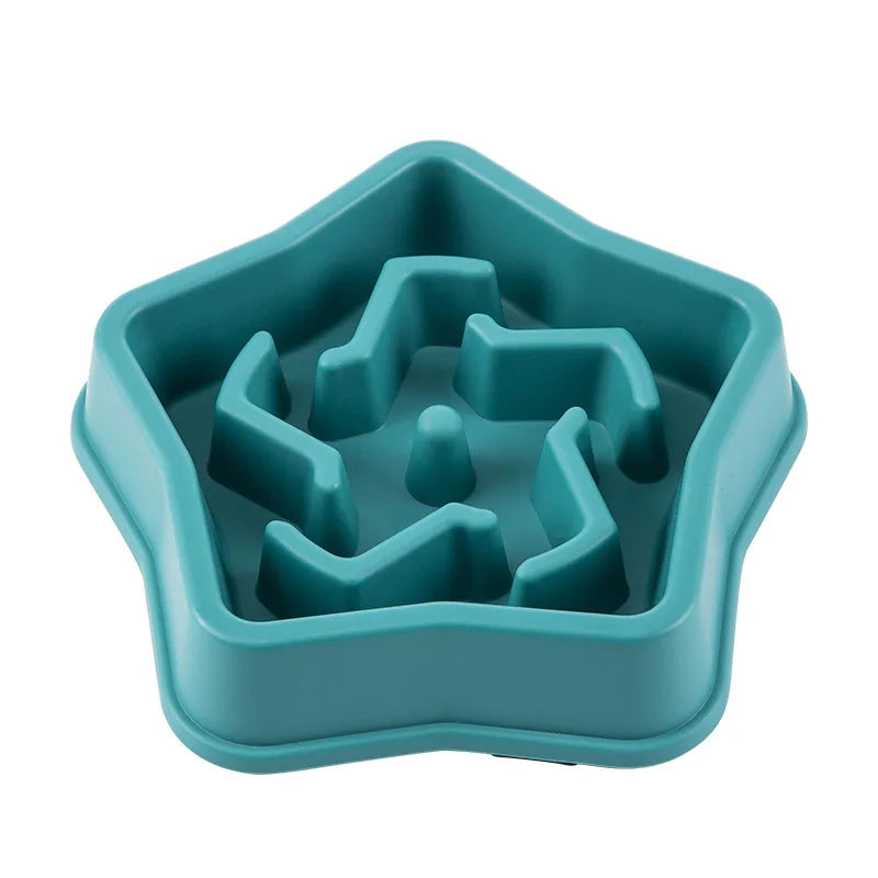Teal slow feeder pet bowl with deep inner maze and raised anti-choke ridges