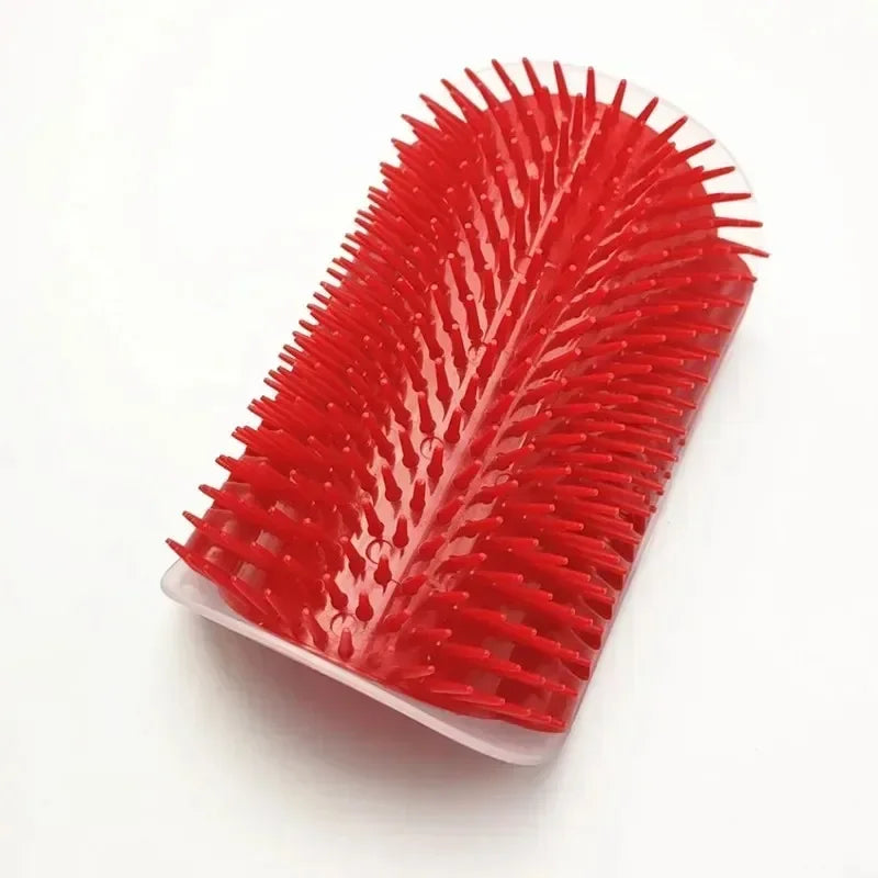 Red cat corner wall scratcher with curved rows of spiked bristles and base