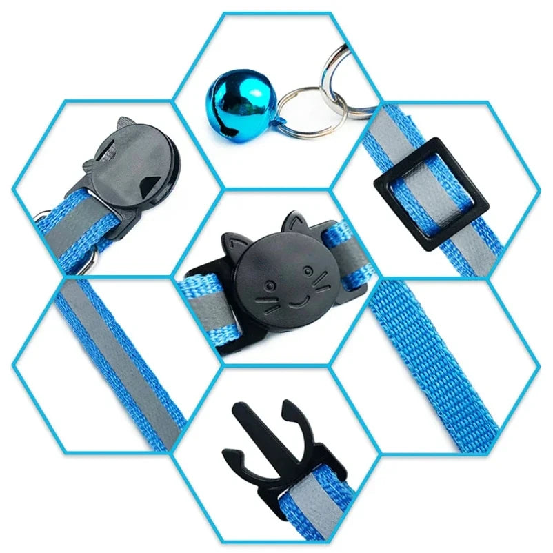 Cat collar with bell, blue woven strap and gray cat face charm