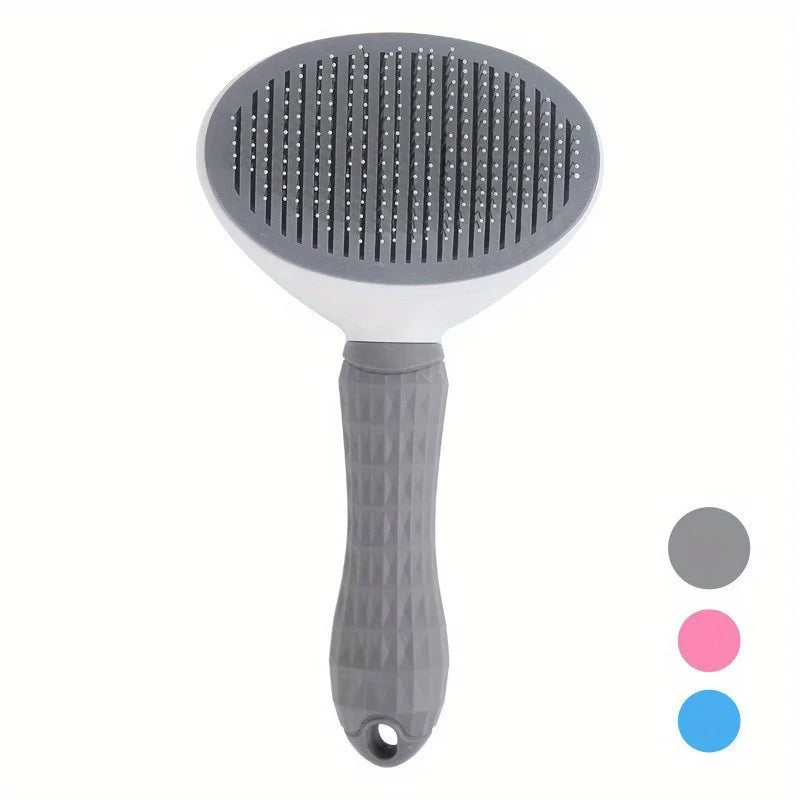 Gray pet slicker grooming brush with oval pin pad and textured grip handle