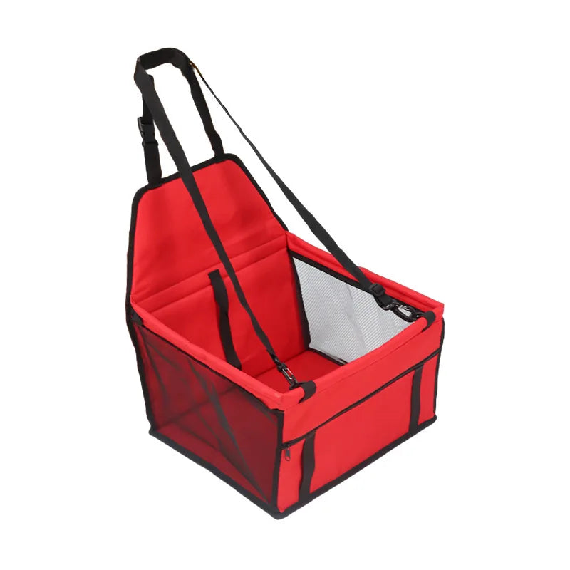 Red pet car seat cover hammock with black straps and grey mesh front panel