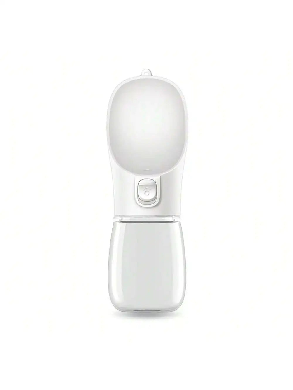 Portable pet water bottle with white top and clear lower reservoir, push button