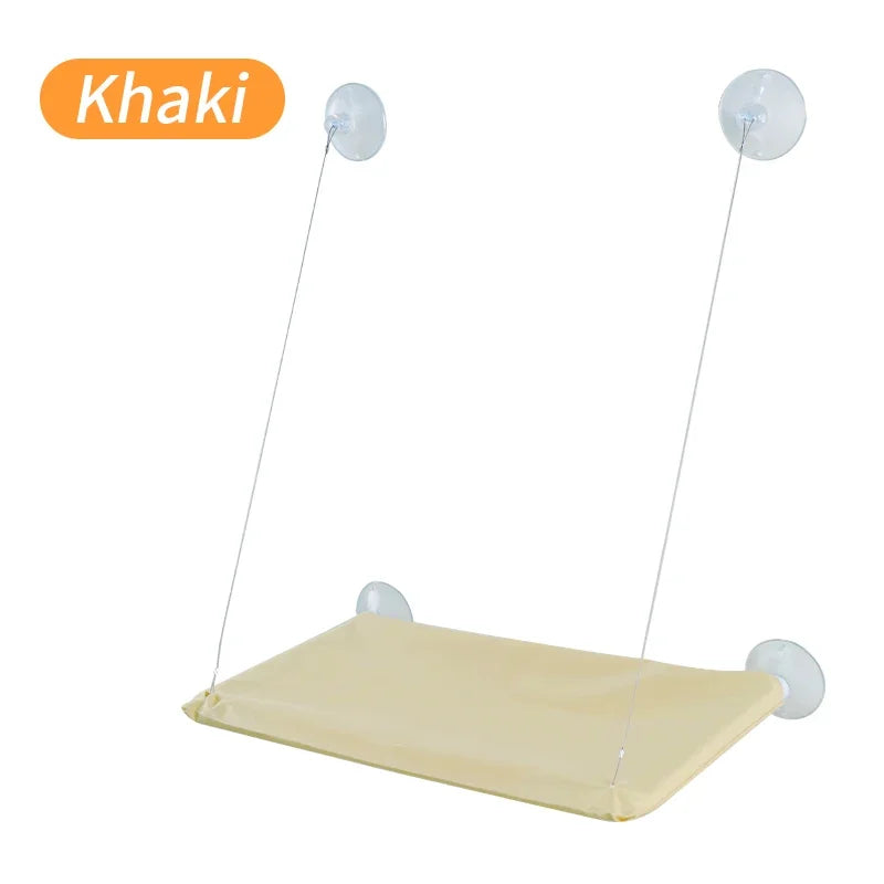 Window hanging cat hammock bed with khaki cushion and four suction cup anchors