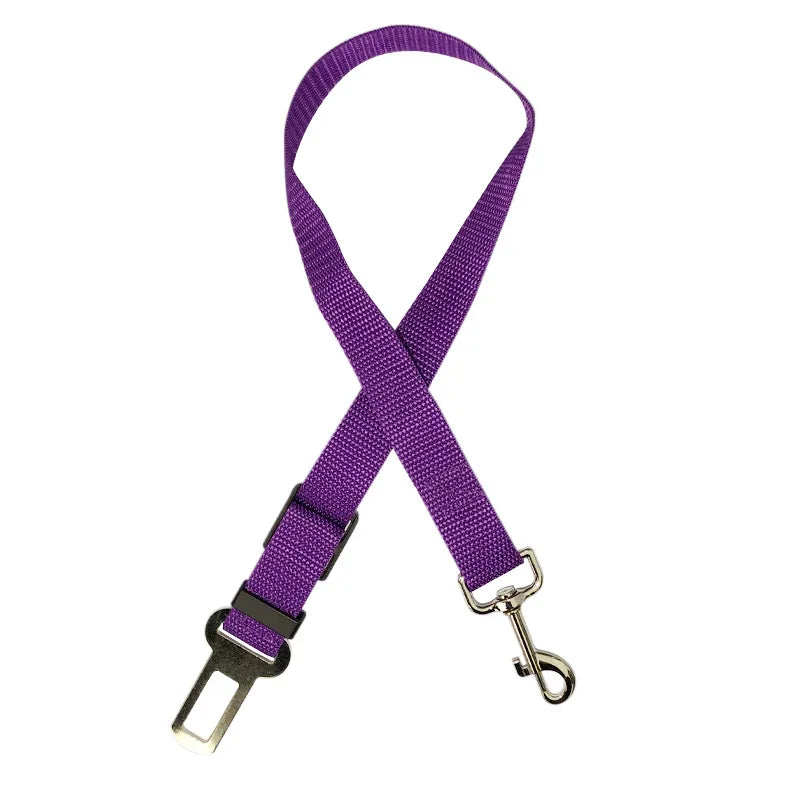 Pet car safety harness clip: purple adjustable seat belt strap with metal carabiner and buckle