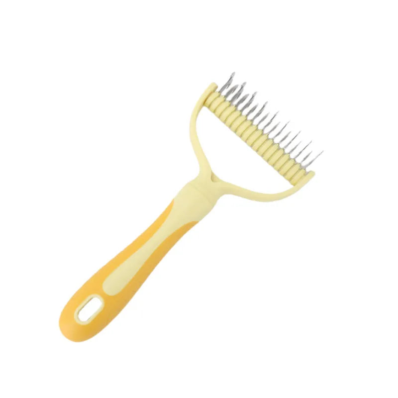 Double-sided cat fur knot cutter comb with yellow handle and stainless cutting teeth