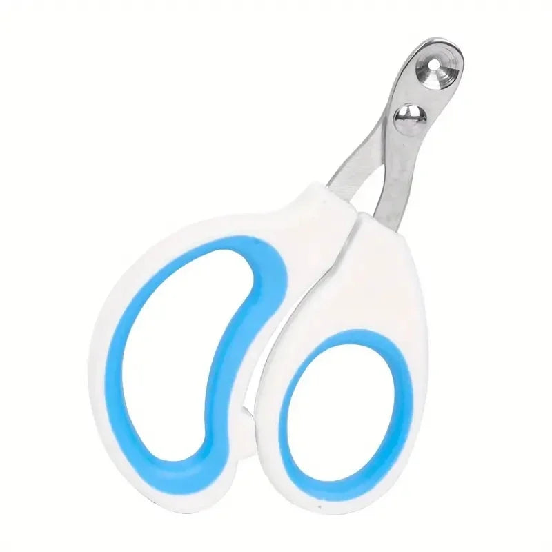 Pet nail clipper with stainless steel blades and white handle with blue loop grips