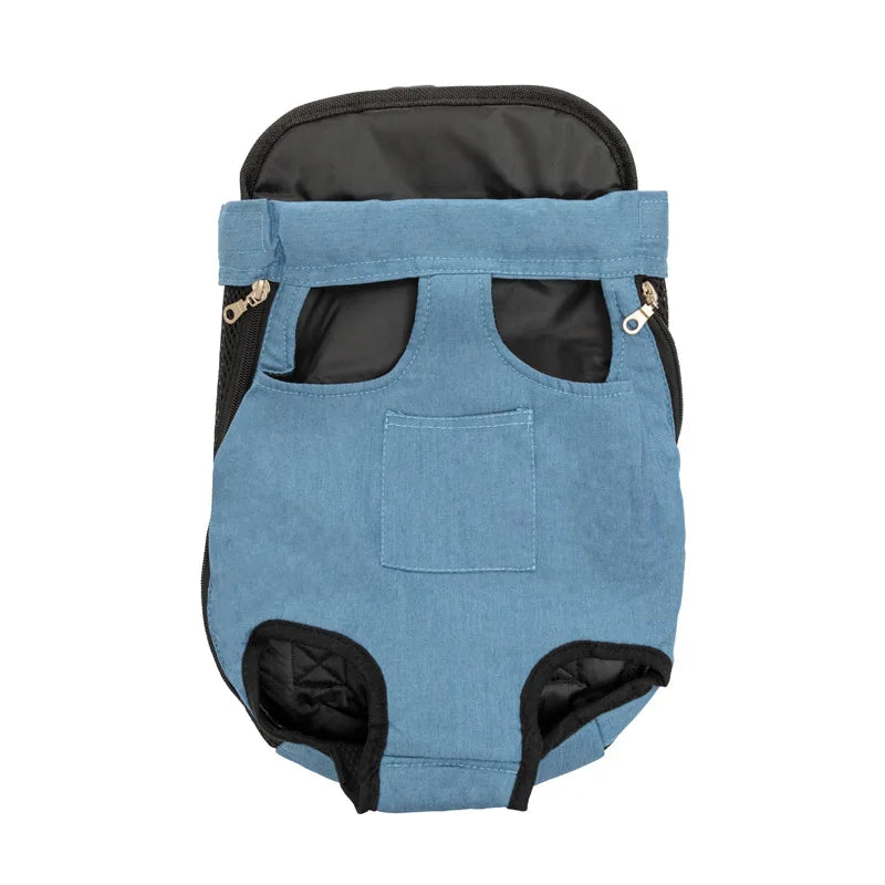 Breathable pet backpack in light blue denim, front pocket, black side ventilation openings