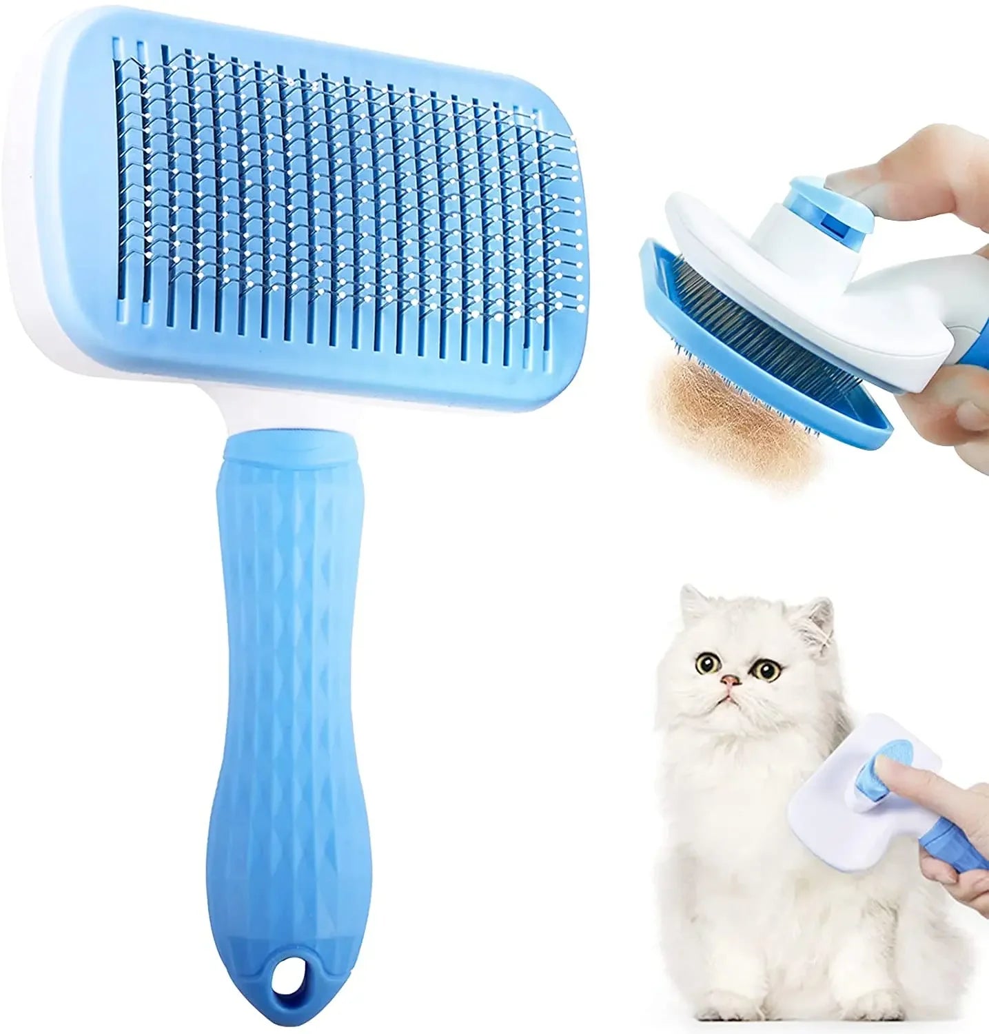 Blue pet grooming comb brush with long teeth and grippy handle