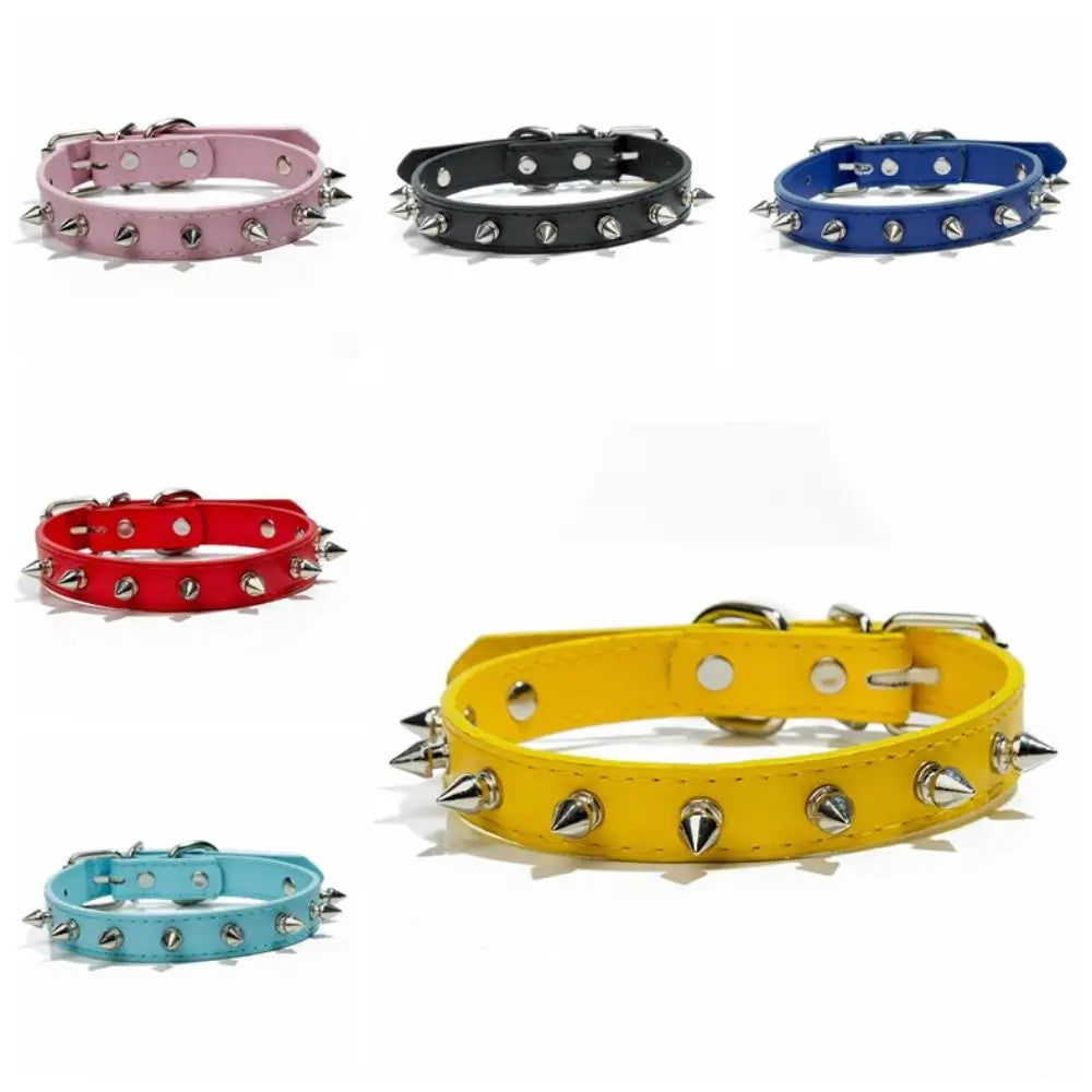 Leather Cat Dog Collar Spiked Studded Adjustable Colorful Pet