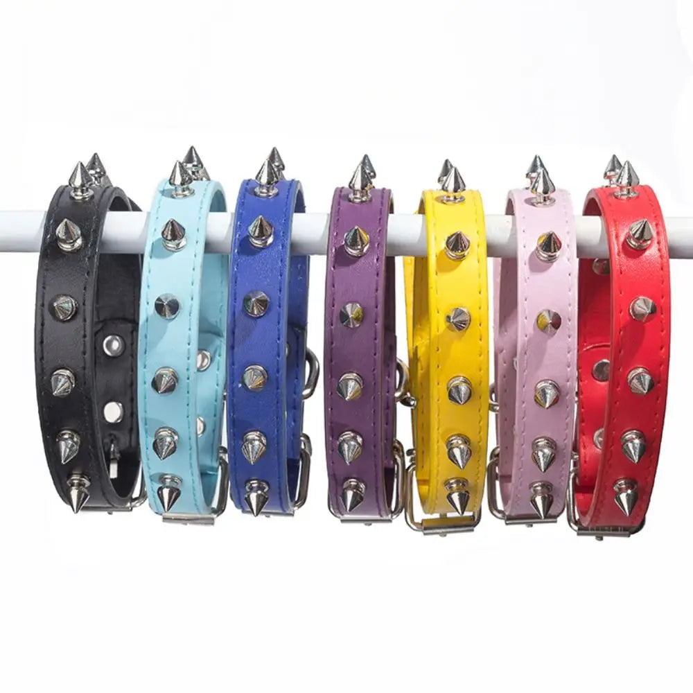 Leather Cat Dog Collar Spiked Studded Adjustable Colorful Pet