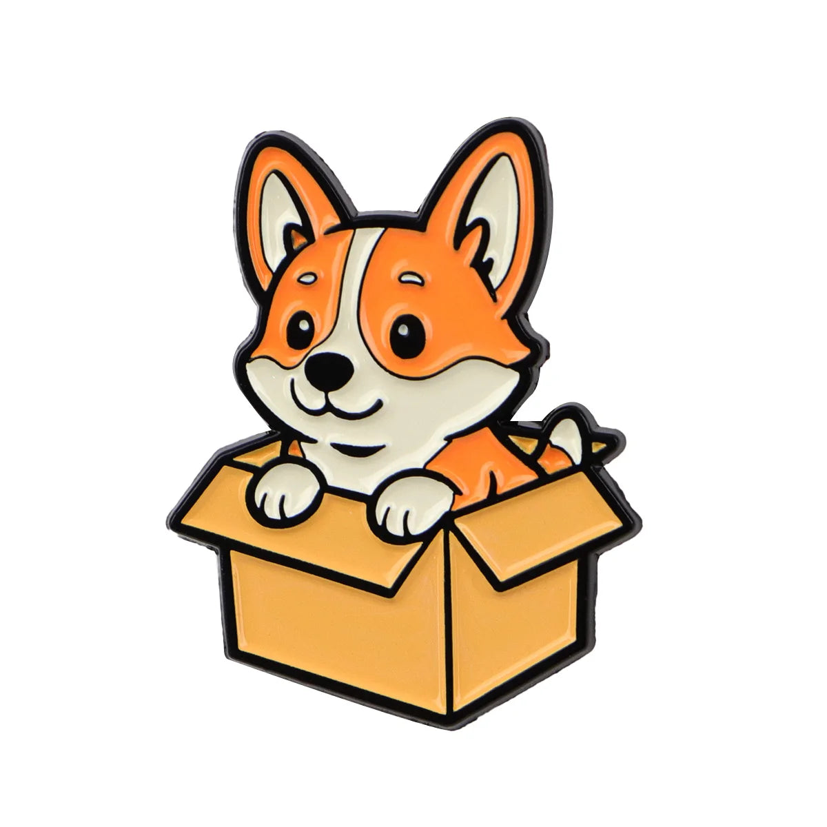 Enamel lapel pin with orange-and-white corgi peeking from an open box