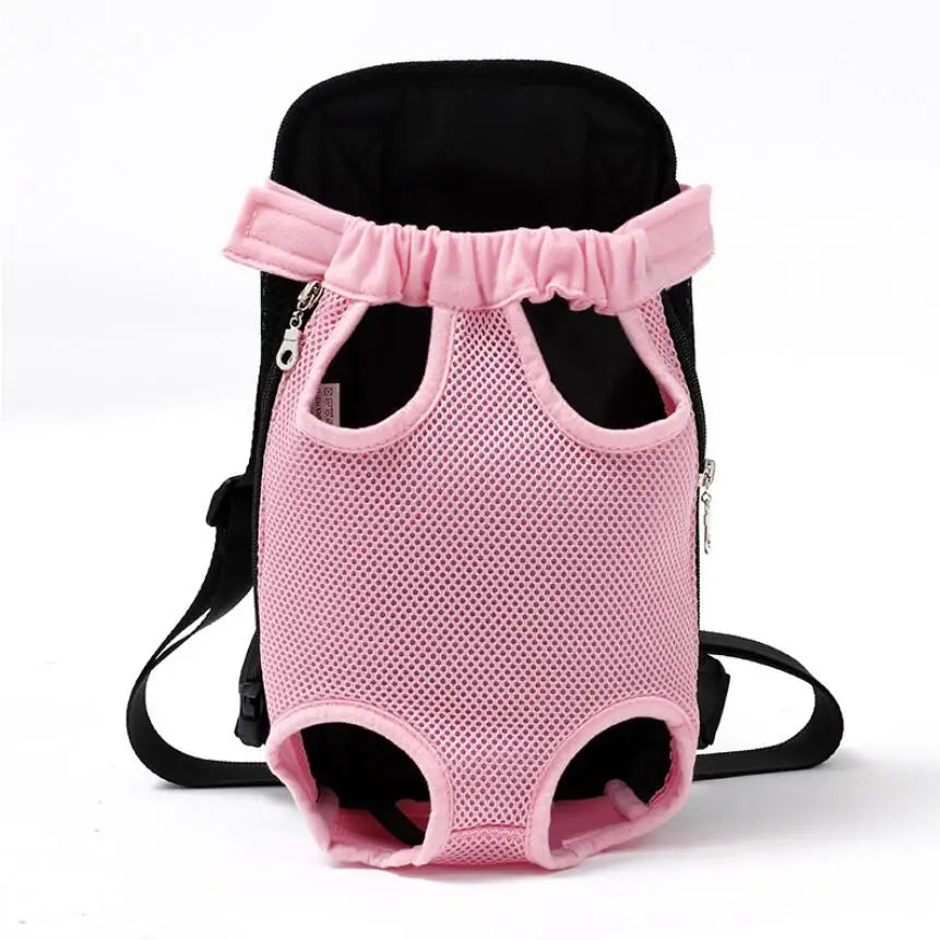 Breathable pet backpack with pink mesh front and two leg holes, black shoulder straps