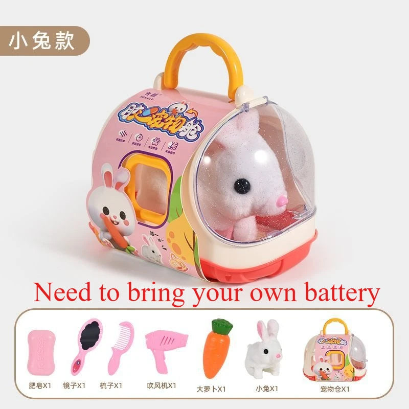 Electric plush pet toy set in clear dome carry case with white-and-pink plush bunny