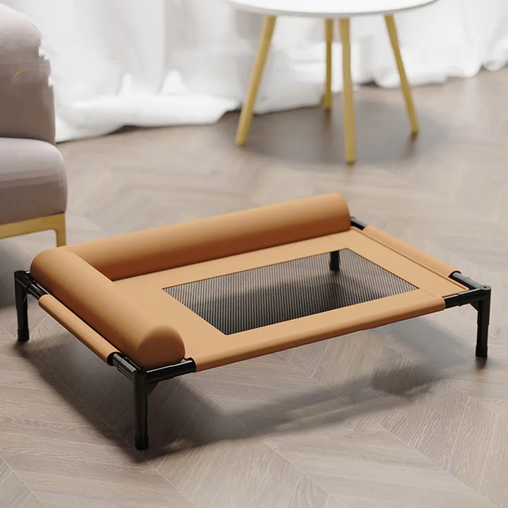 Coffee-brown elevated dog bed with mesh insert and padded side bolsters.