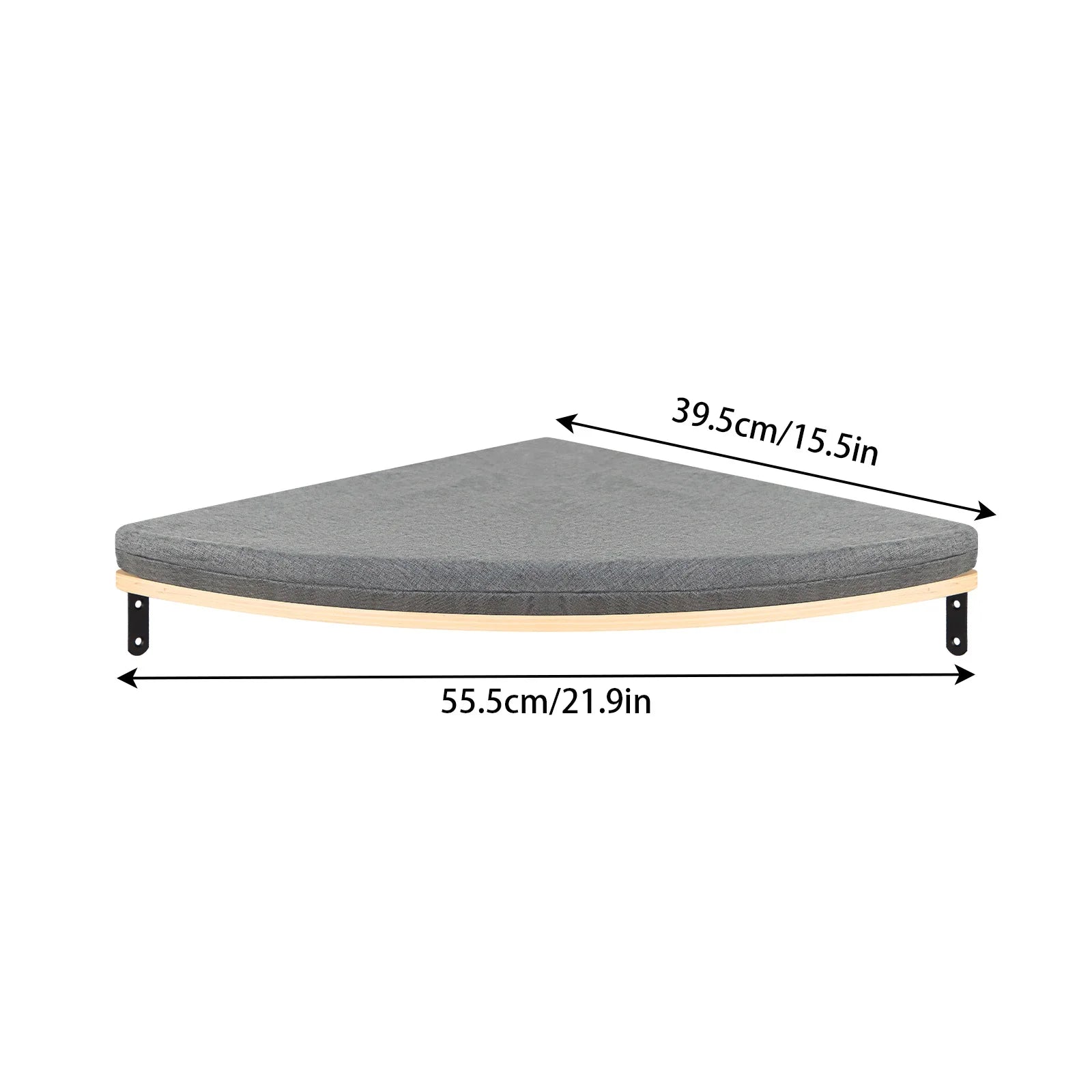 Wall-mounted cat shelf with dark gray fabric cushion and light wood frame