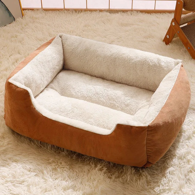 Square pet bed, brown exterior with cream plush lining and low padded front