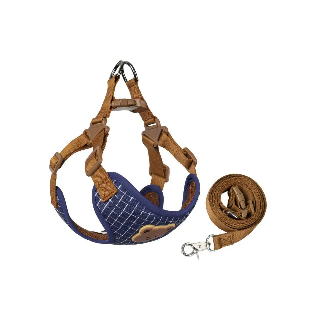 Breathable dog harness and leash set with blue plaid-pattern vest and matching leash